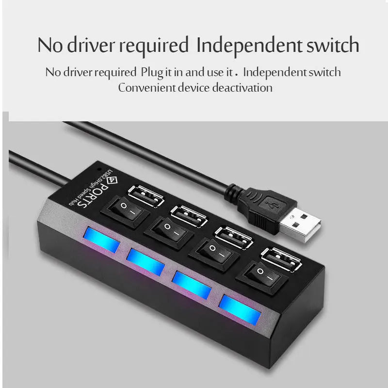 USB 2.0 Hub Multi USB Splitter Hub Use Power Adapter 4/7 Port Multiple Expander USB Hub with Switch 30CM Cable Quake