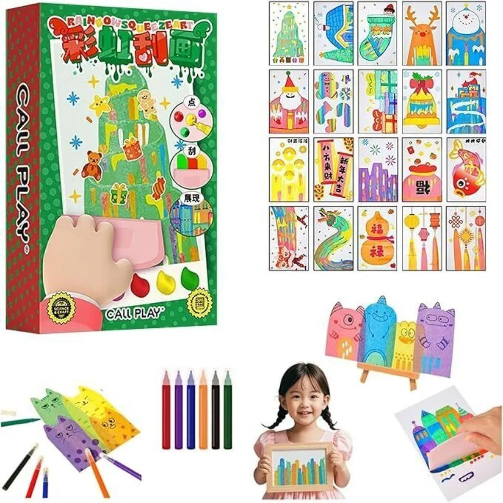 Drawing Papers Squeegee Art Kids Paint Kit DIY Material Painting Art Supplies Rainbow Dot Scratch Painting Arts Quake