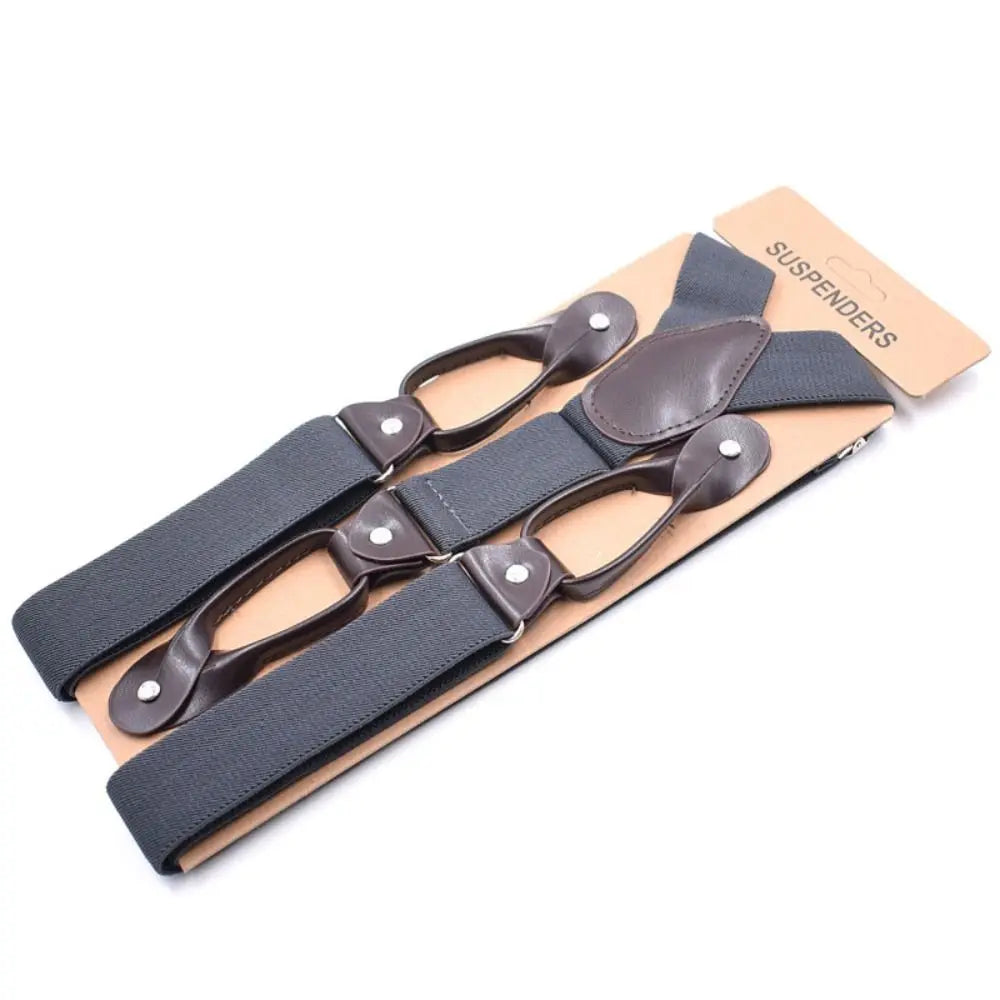 Adult Trimmed Button End Leather Y Shape Adjustable Strap Clip Elastic Braces Braces Suspenders Trouser Straps Belt Quake Dark Grey