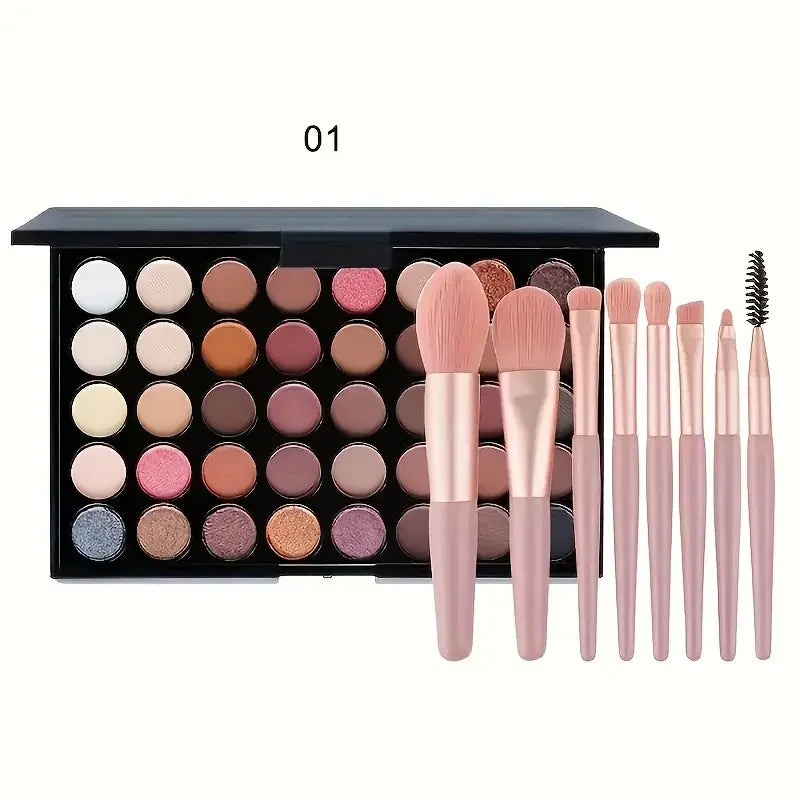 40Colors Glitter Eyeshadow Palette with Free 1Brushes Matte Waterproof Long Lasting Eyeshaow Powder Palette Cosmetics MakeUp Kit Quake 01with 8Brushes