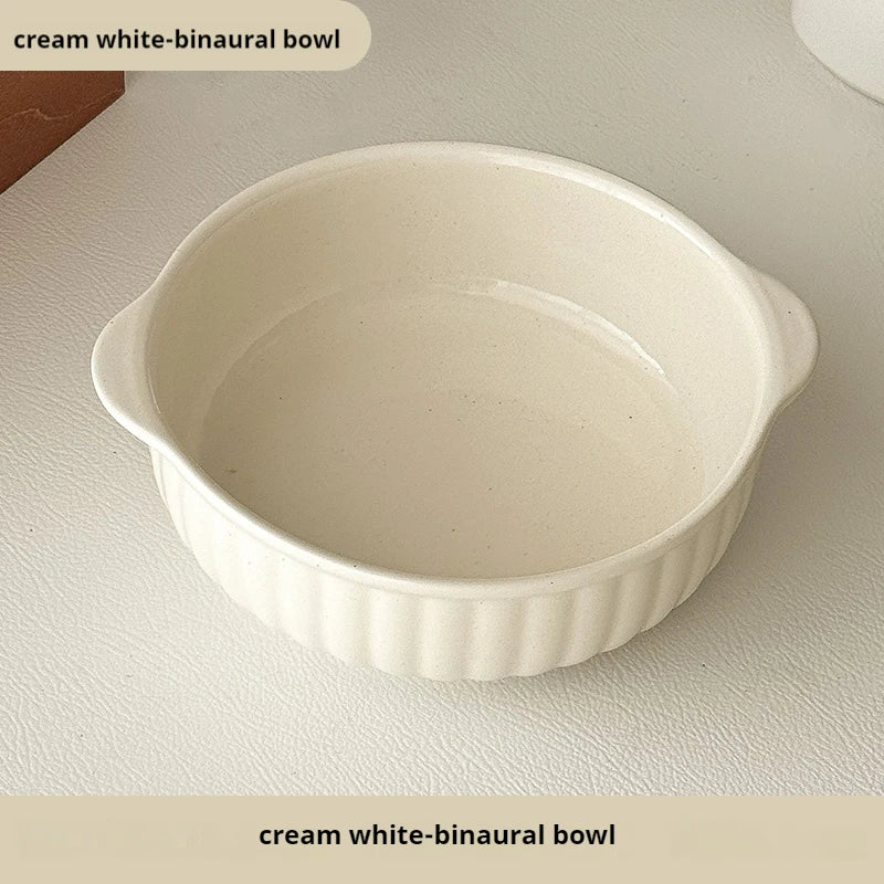 One Double-Ear Ceramic Bowl, Oven, Microwave and Dishwasher Safe. Tableware & Kitchen Utensils for Salad, Pasta Quake cream white