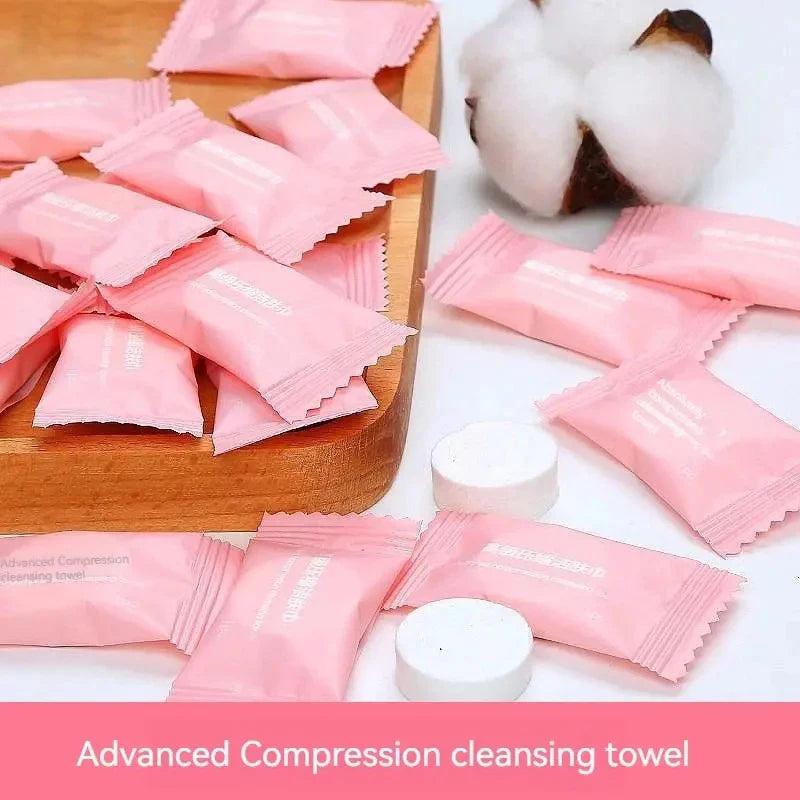 vvocci 50-Pack Compressed Cotton Travel Towels Disposable Face Towels for Sensitive Skin | Compact & Quick-Dry Cleansing Towels Quake