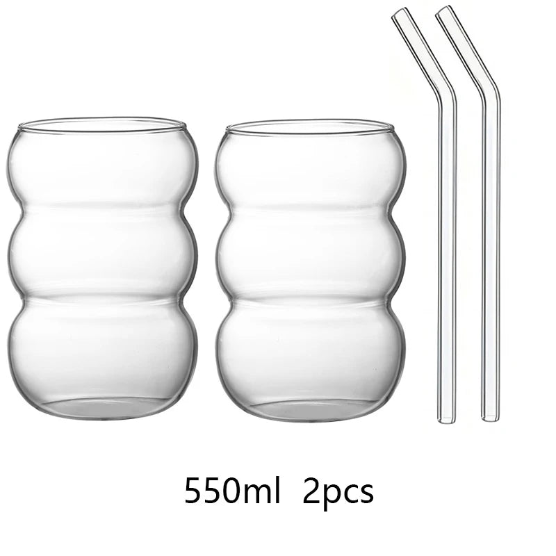 YWDL Transparent Glass Cup with Straw 350/550ml Cold Coffee Dessert Juice Milk Drinkware Mug Party Cocktail Teacup Quake 550ml 2pcs 350-550ml