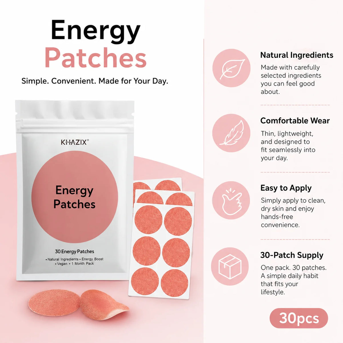 30Pcs Energy Patches Natural Ingredients Vegan Friendly Daily Energy Boost Patch Portable Body Stickers for Work Travel Sports Quake