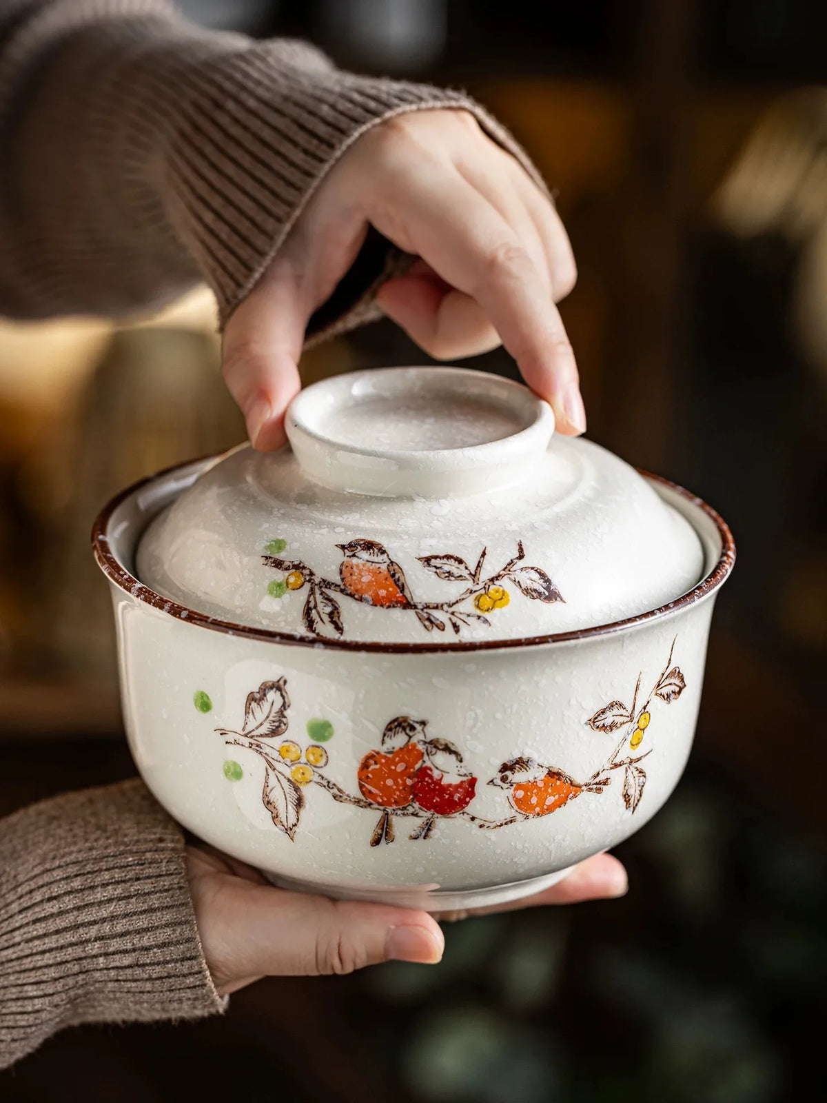 YWDL 750ml Japanese Style Ceramic Bowl With Lid Vintage Soup Bowl Microwave Safe Ramen Rice Serving Bowl For Home Kitchen Quake
