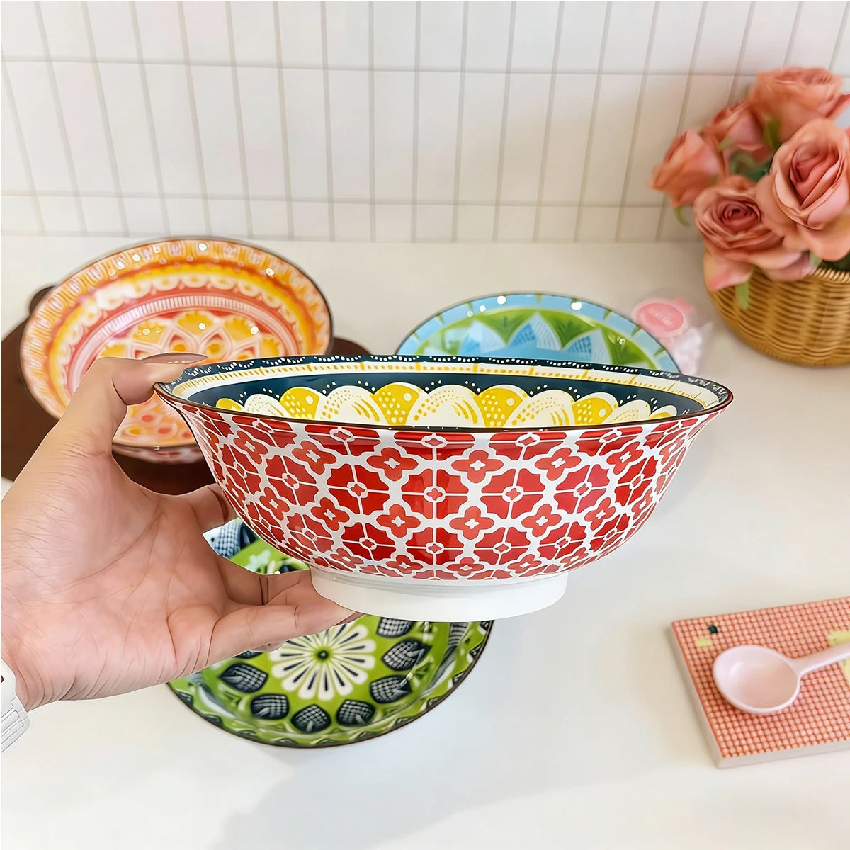 1/4-Piece Bohemian Ceramic Soup Bowl Set, 8 Inches in Diameter, Microwave and Dishwasher Safe, Perfect for Daily Meals Quake