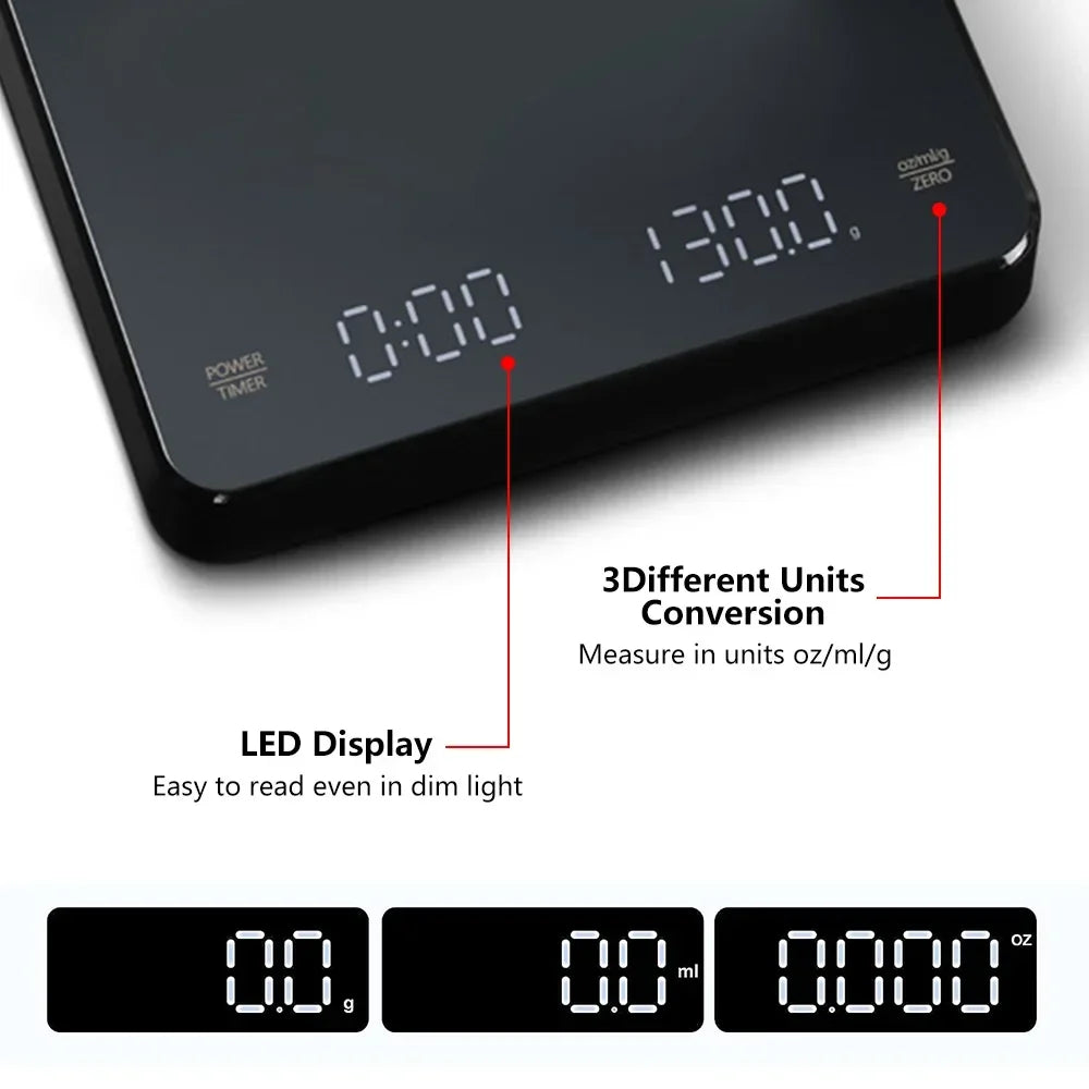 New 3kg/ 0.1g Digital Coffee Scale with Timer LED Screen Espresso USB Rechargeable High Accuracy Measuring Kitchen Scale Quake