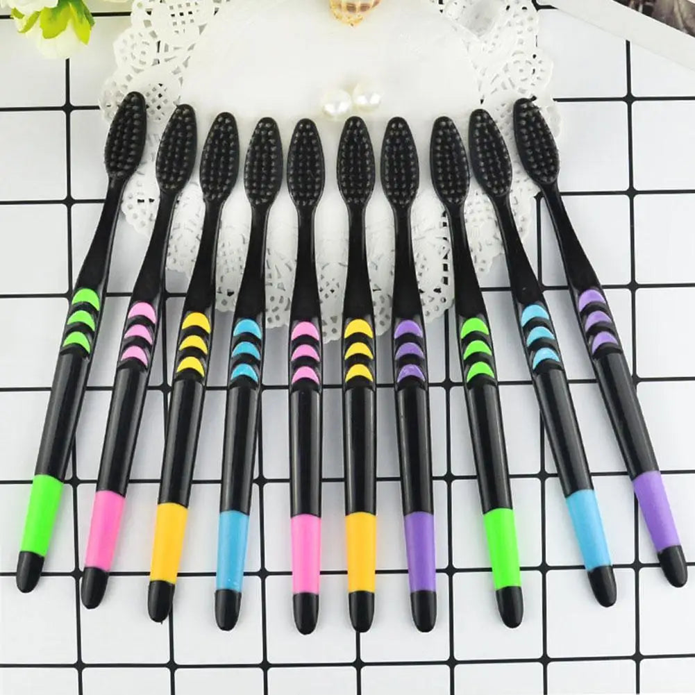 10 Pieces Packed Soft Bristle Bamboo Charcoal Black Hair Ultra-Fine Beauty Toothbrush Couple Suit Oral Cleaning Tools Quake 10pcs black