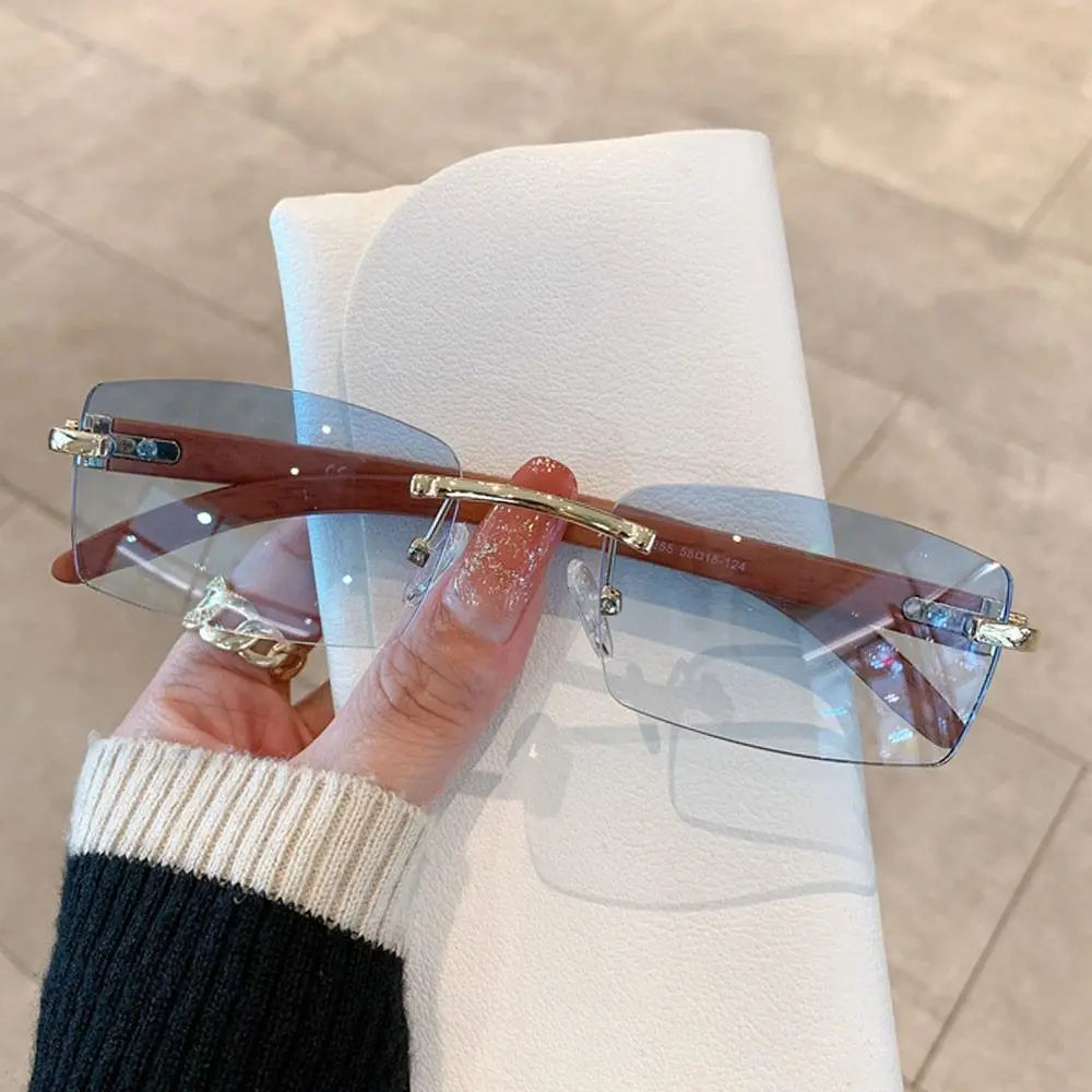 Trendy Punk Sunglasses Rimless Rectangle Sun Glasses for Women Men UV400 Driving Shades Fashion Frameless Gradient Eyewear Quake Gold-Light Blue