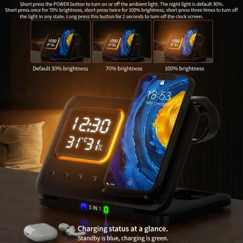 5 In 1 Wireless Charging Station With LED Clock And Night Light Suitable For Bedside Office Desk Convenient Phone Stand K1KF Quake