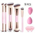9 PCS Double-Ended Makeup Brush Set, Soft Bristles, for Blush, Powder, Concealer, Eye Shadow, Foundation,Includes Makeup Sponge Quake Pink-9 PCS