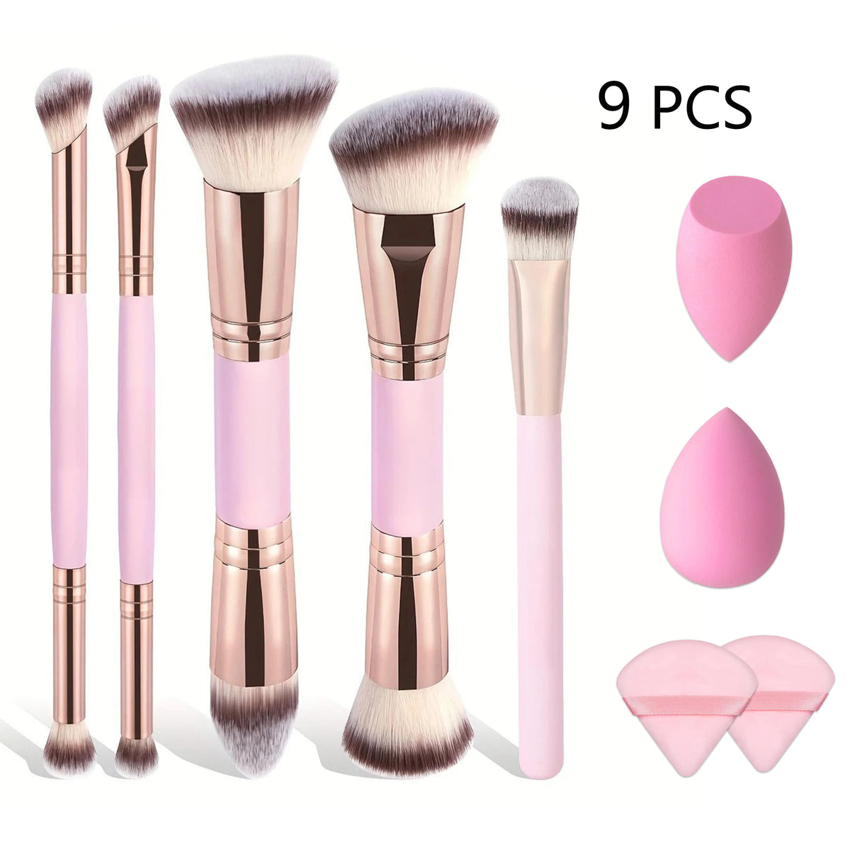 9 PCS Double-Ended Makeup Brush Set, Soft Bristles, for Blush, Powder, Concealer, Eye Shadow, Foundation,Includes Makeup Sponge Quake Pink-9 PCS