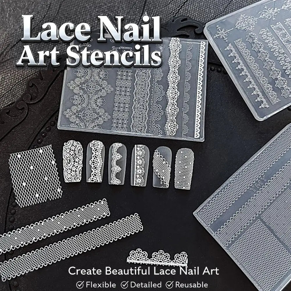 Lace Nail Art Stencil Sheets Flexible Silicone Nail Templates Hollow French Lace Mesh Pattern DIY Polish Transfer Mold Manicure Quake