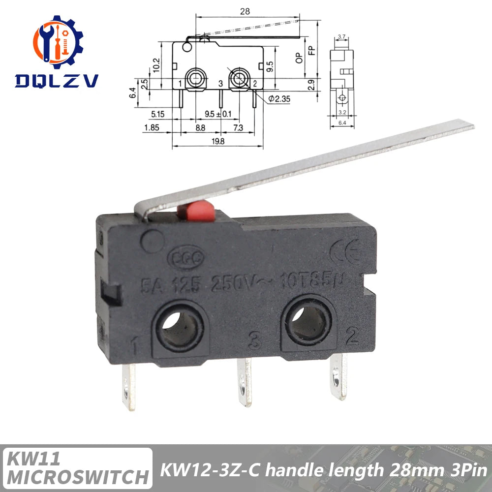 5A 125V250V KW12 Travel Limit Switch KW11-3Z-2 With Handle 16mm Contact Button Micro switch KW12-N 2Pin/3Pin KW12-A NO/NC Quake Lever 28MM 5PCS