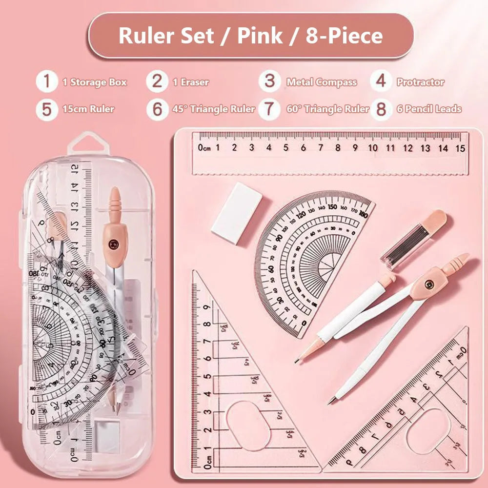 8PCS/Set High Quality Plastic Ruler Compasses Set Eraser Transparent Protractor Set Square Straight Ruler Drawing Tool Students Quake Pink 8PCS B