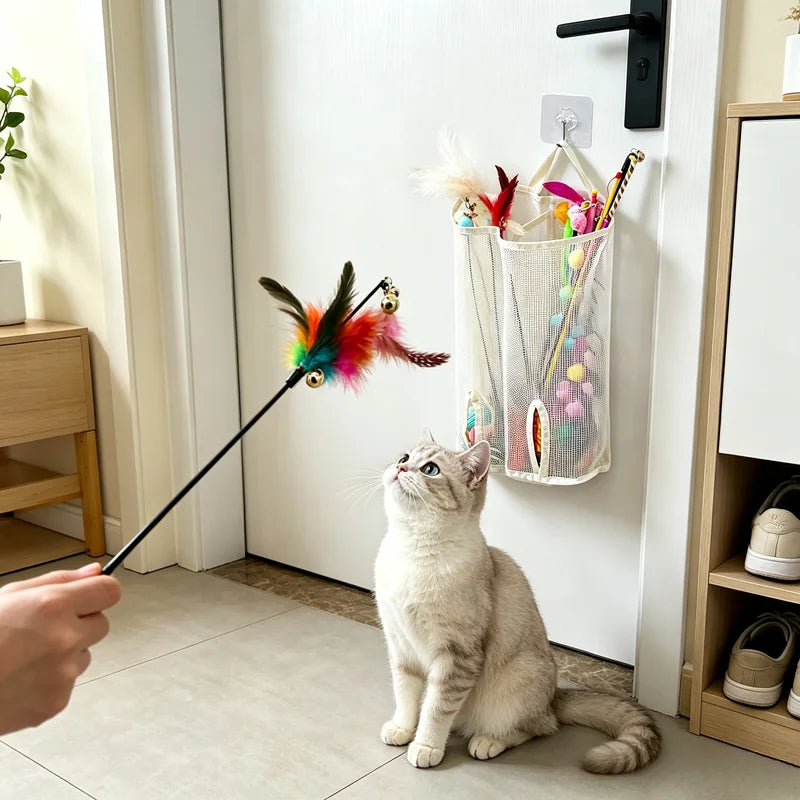 Cat Teaser Wand Toy Set With Mesh Hanging Storage Bag Self Adhesive Hook Interactive Kitten Feather Wand Organizer Kit Quake