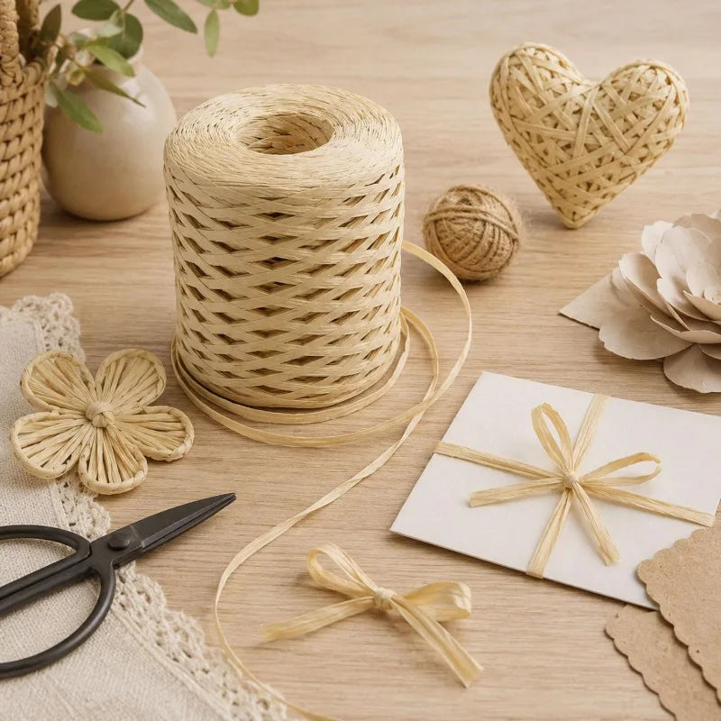 200/80m Raffia Paper Ribbon Yarn Handmade Craft Color Knitted Rope Multi-purpose DIY Gift Packaging Supply Party Home Decor Prop Quake
