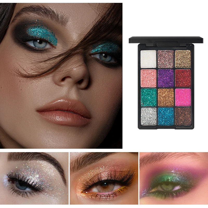 12-Color Glitter Eyeshadow Palette- Highly Pigmented,Long-Lasting Diamond Metal and Matte Shades for a Dazzling Eye Makeup Look Quake 01