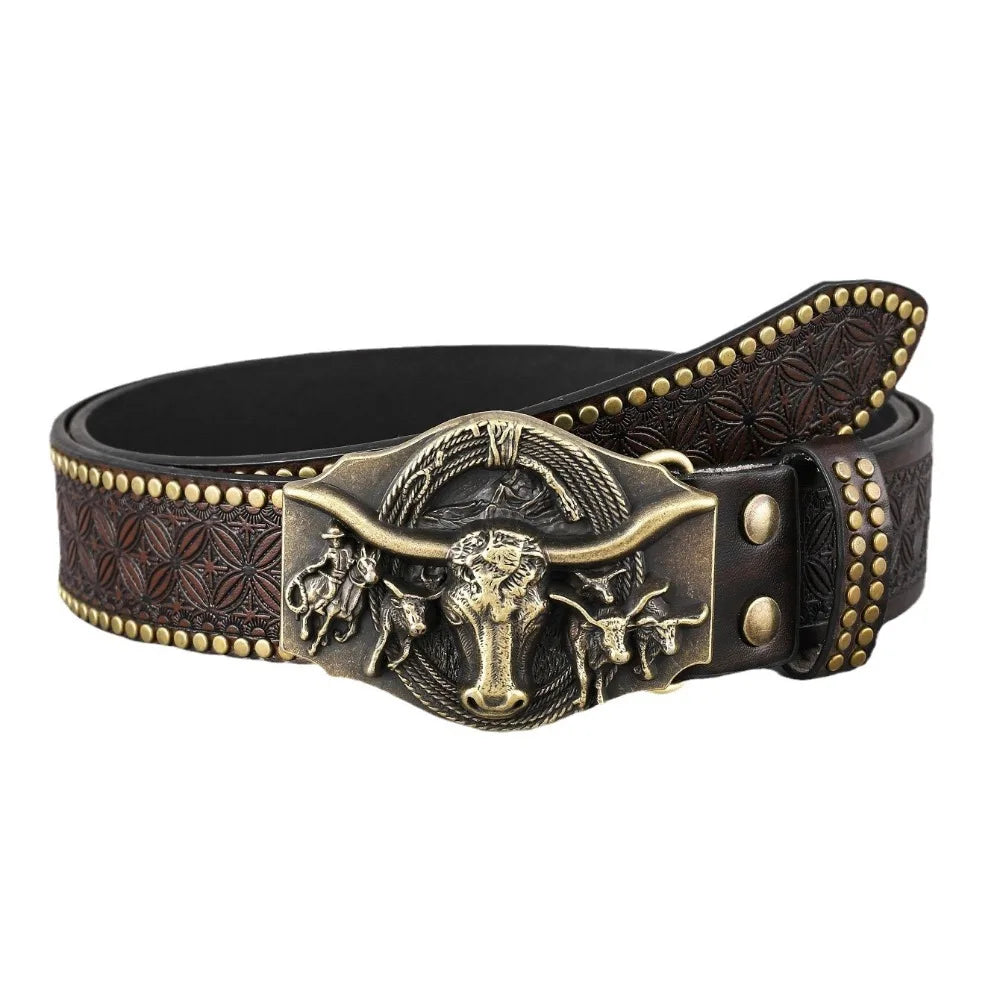 Fashion Western Cowboy Men's PU Leather Belt Luxury Design Trendy Brand Business Casual Belt Jeans Pants Belt Quake Brown 125cm