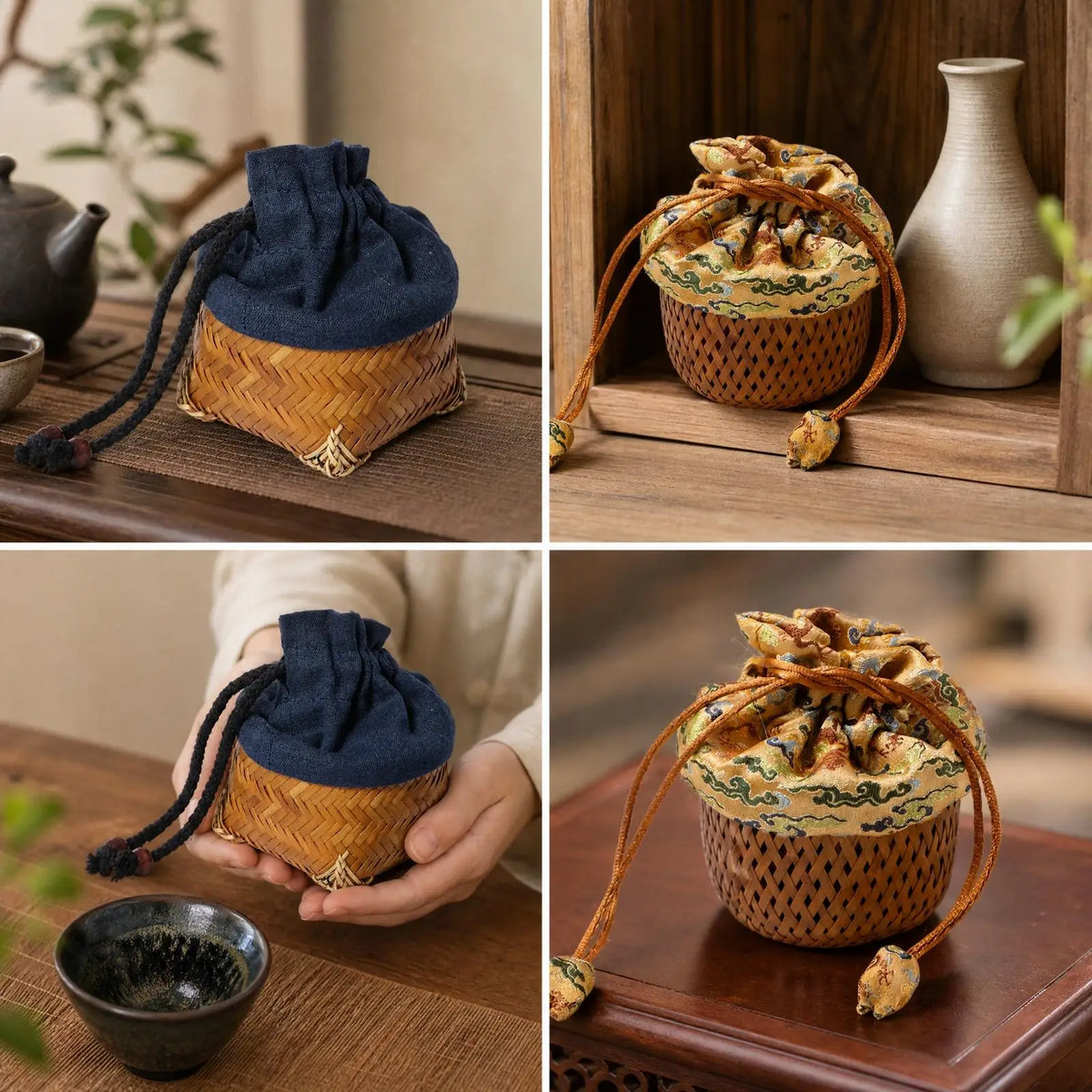 Portable Bamboo Tea Cup Pouch Handwoven Storage Bag Drawstring Cloth Design for Home Travel and Collectible Care Quake