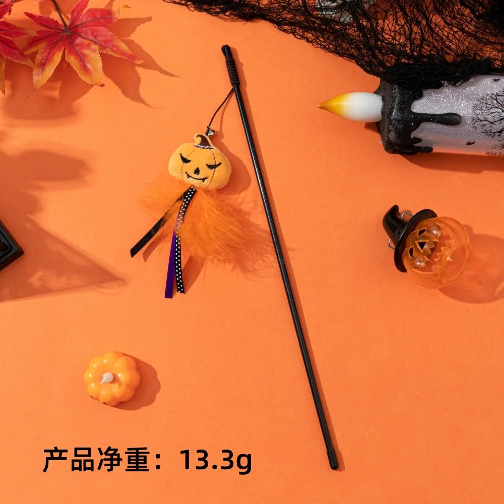 Cat Toy Funny Cat Stick Halloween Pet Toy Pumpkin Ghost Spider Cat Toy Creative Interactive Indoor Toy Gift Pet Holiday Supplies Quake Yellow TM2101A