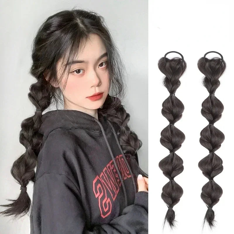 2 Pcs/set Synthetic Bubble Twist Ponytail High Elastic Wig Women Hair Side Natural Lantern Wig Braid Black Hous Tail Hairpiece Quake 2pcs brown black
