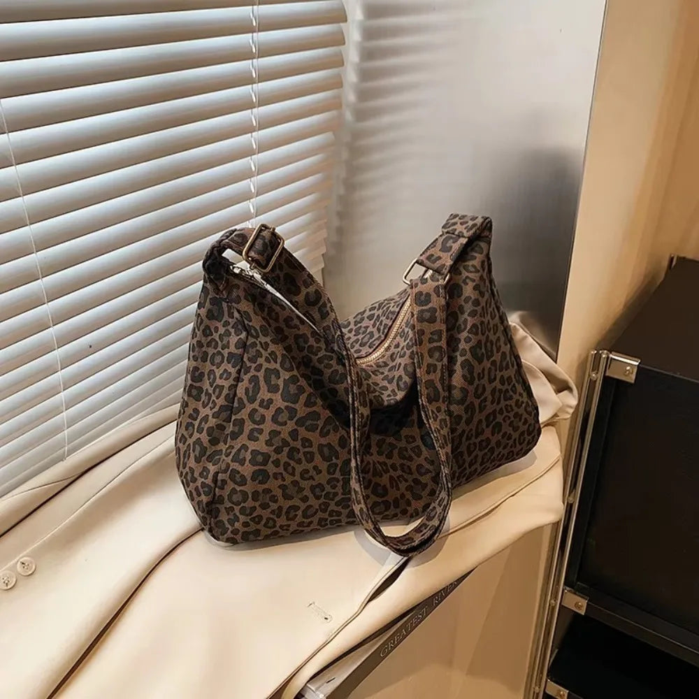 New Soft Textile Women's Shoulder Bag Large Capacity Adjustable Strap Leopard Print Bag Tote Handbag Quake Coffee
