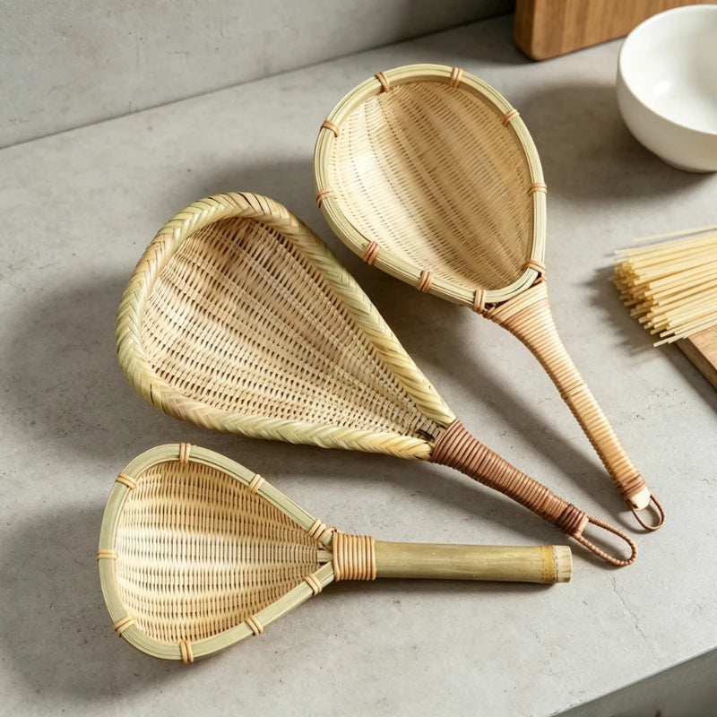 Hand‑Woven Bamboo Skimmer Ladle, Long Handle Kitchen Strainer for Noodles Dumplings Rice Noodles Cooking Utensil Quake