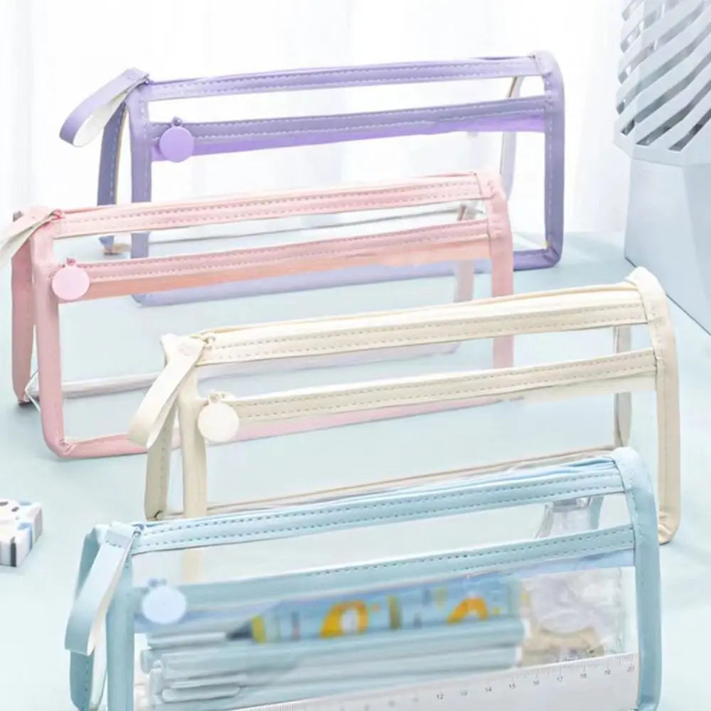 Double-Layer Large Capacity Pen Bag Student Transparent Waterproof Stationery Bag Portable Pencil Case Stationery Organizer Quake