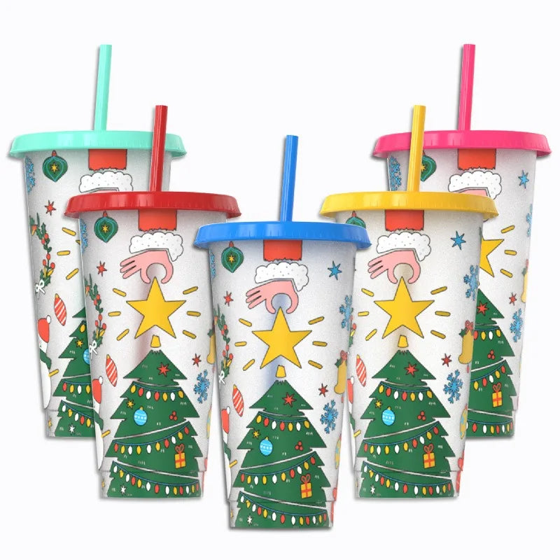 24 Oz Coffee Straw Cup Reusable Christmas Color Changing Cup with Lid Plastic Cold Bucket Party Drink Cup Quake