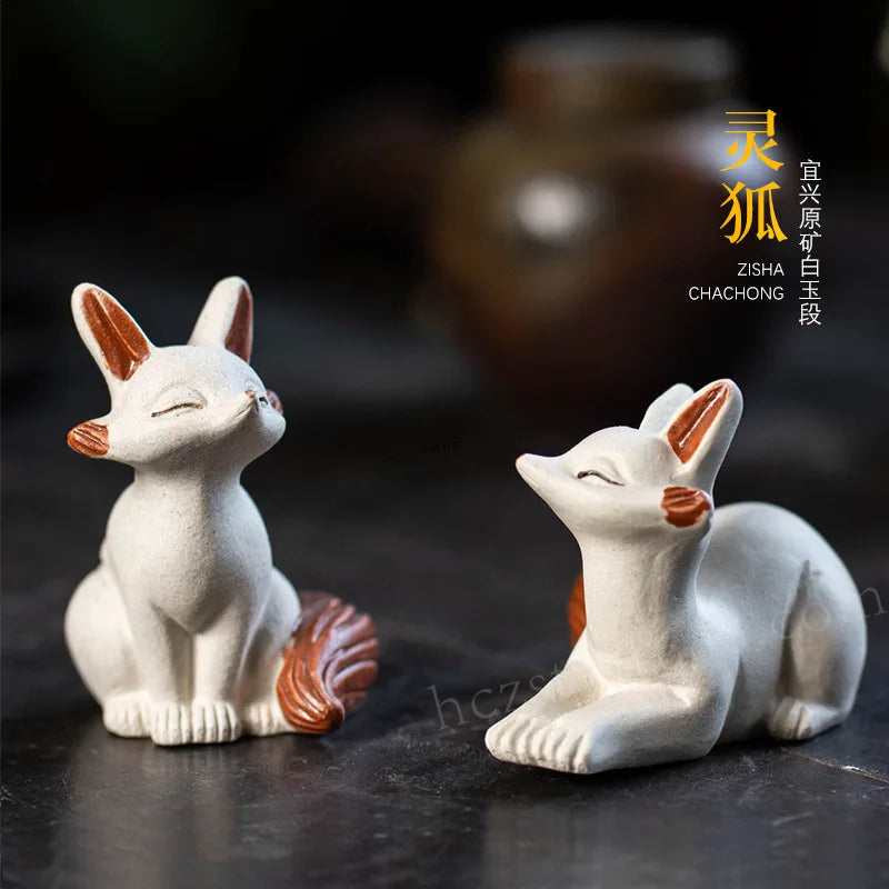 Yixing Original Mineral Purple Clay Tea Pet Fox Small Ornament Nine-Tailed Fox Sculpture Tea Table Creative Tea Plaything Can Be Quake