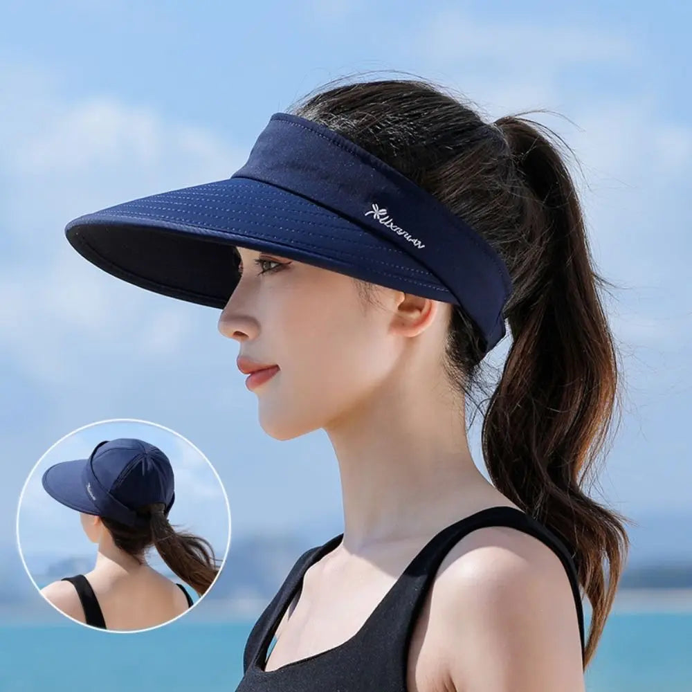 Outdoor Wide Brim Women Summer Sun Hat UV Protection Detachable Empty Top Ponytail Cap Foldable Adjustable Beach Cap Quake