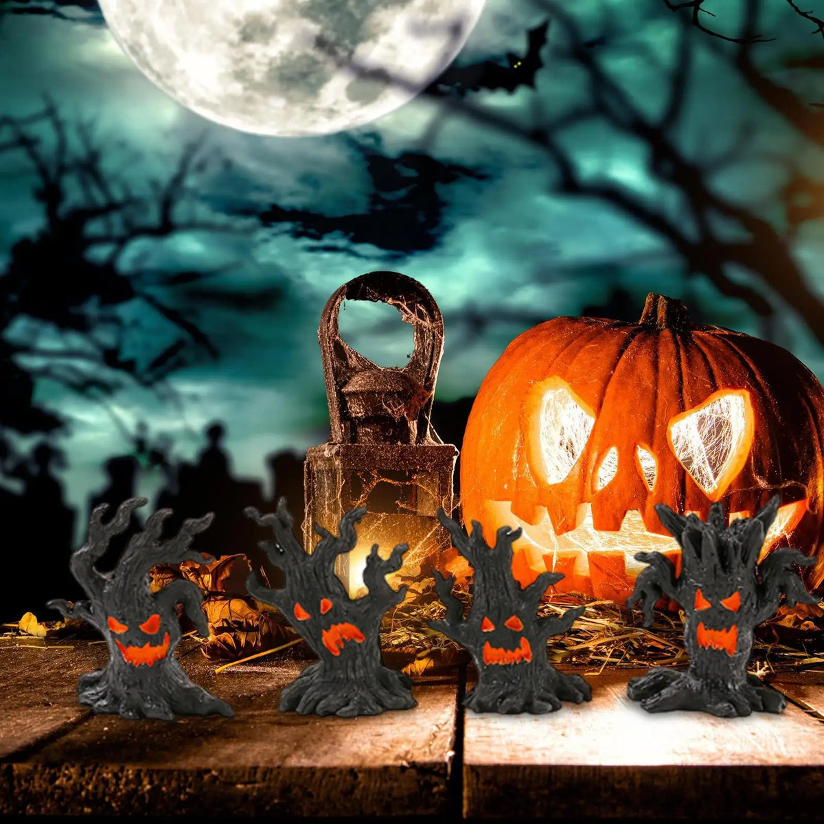4 Pieces Halloween Decoration Halloween Tree Creative Resin Ghosts Cute Ornaments Spooky Tree for Patio Shelf Tabletop Porch Quake