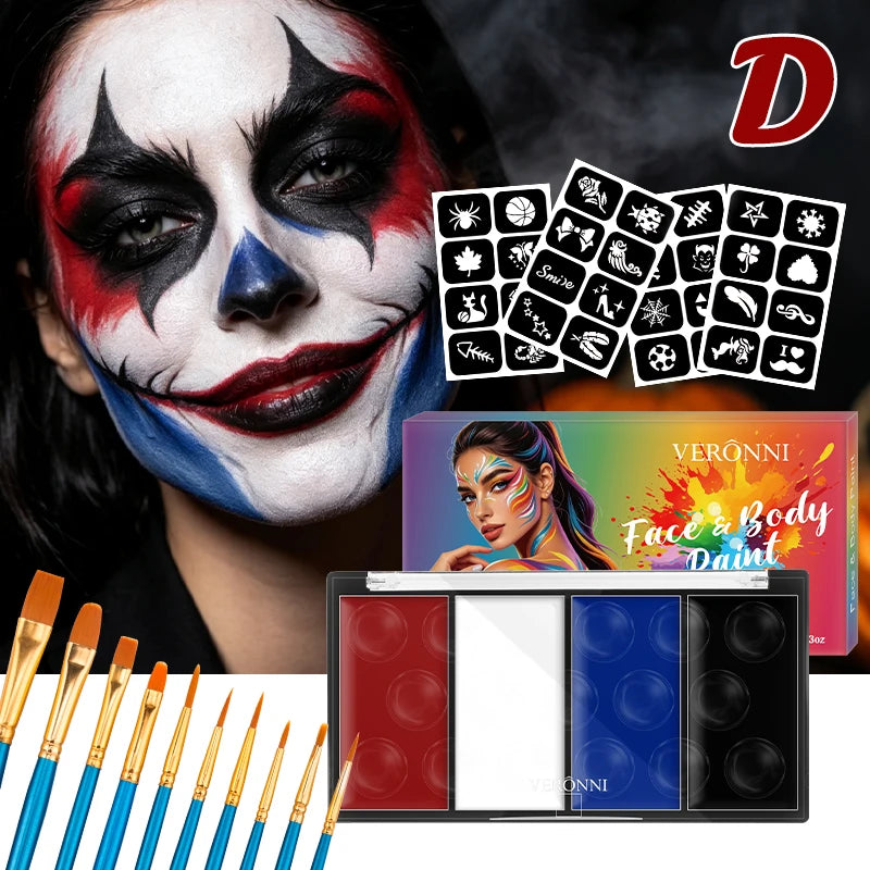 4 Color Lasting Face Body Painting Kit for Kids Adult,Face Paint template with Brush,Halloween Carnival Artist Cosplay Art Party Quake 3pcs D