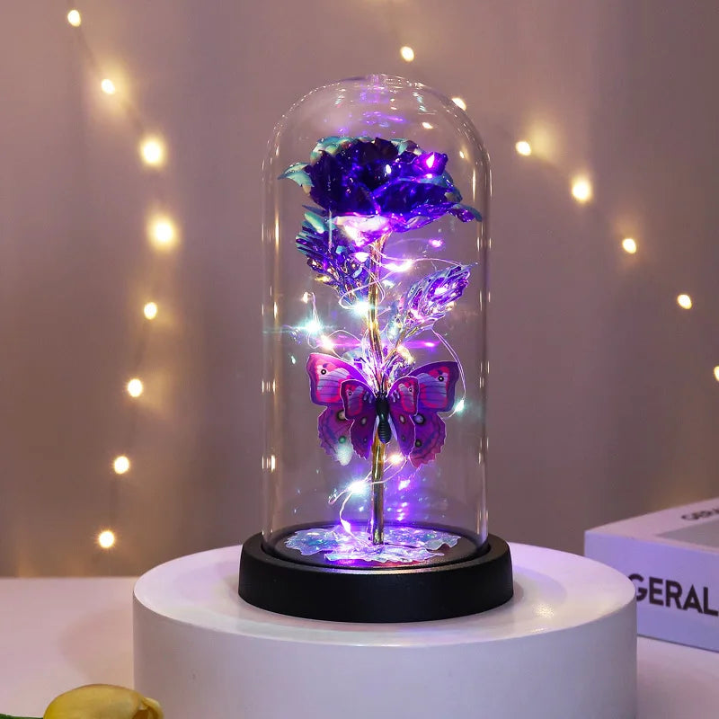 Glass Cover Rose Immortality Flower with Lamp Qixi Valentine's Day Gift Creative Decoration Decorations Quake D glass cover 11.5X23X9CM