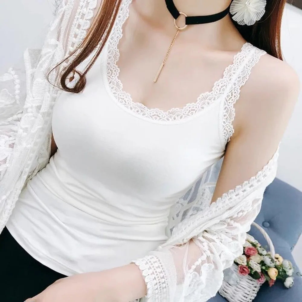 Casual U Neck Summer Tank Tops Sleeveless Slim Fitted Tops With Lace Underwear Cami Top Shirt for Women Quake White XXL