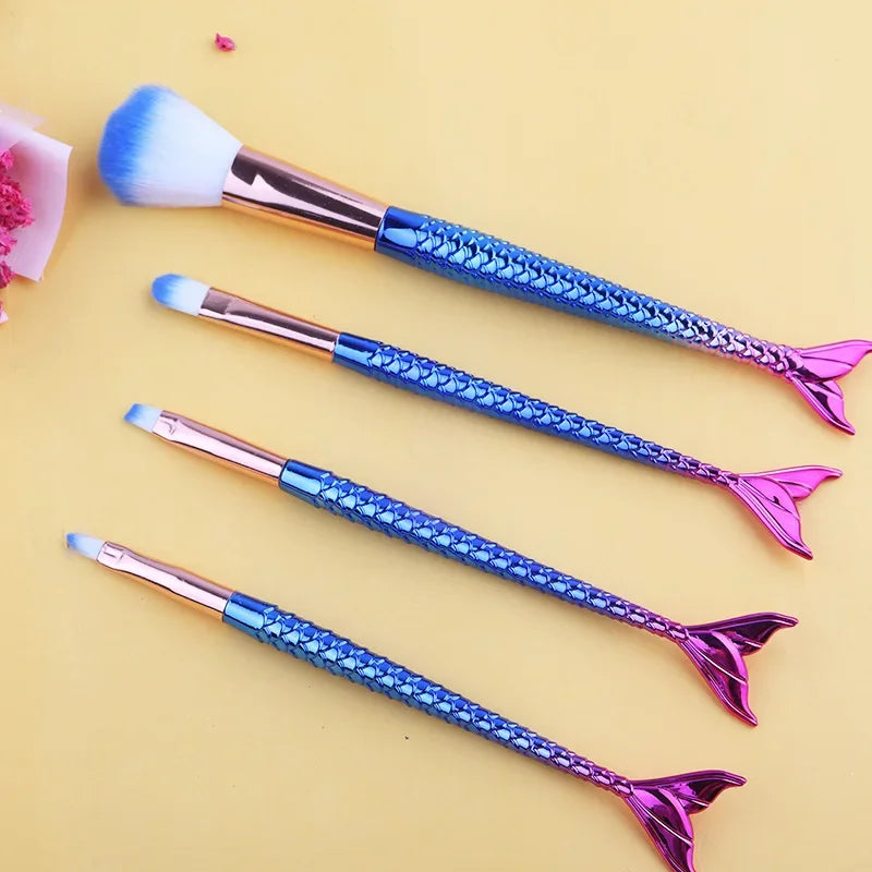 4pcs Gradient Mermaid Makeup Brushes Kit Maquiagem Maquillaje New Mermaid Foundation Eyebrow Eyeliner Cosmetic Makeup Brushes Quake Blue set