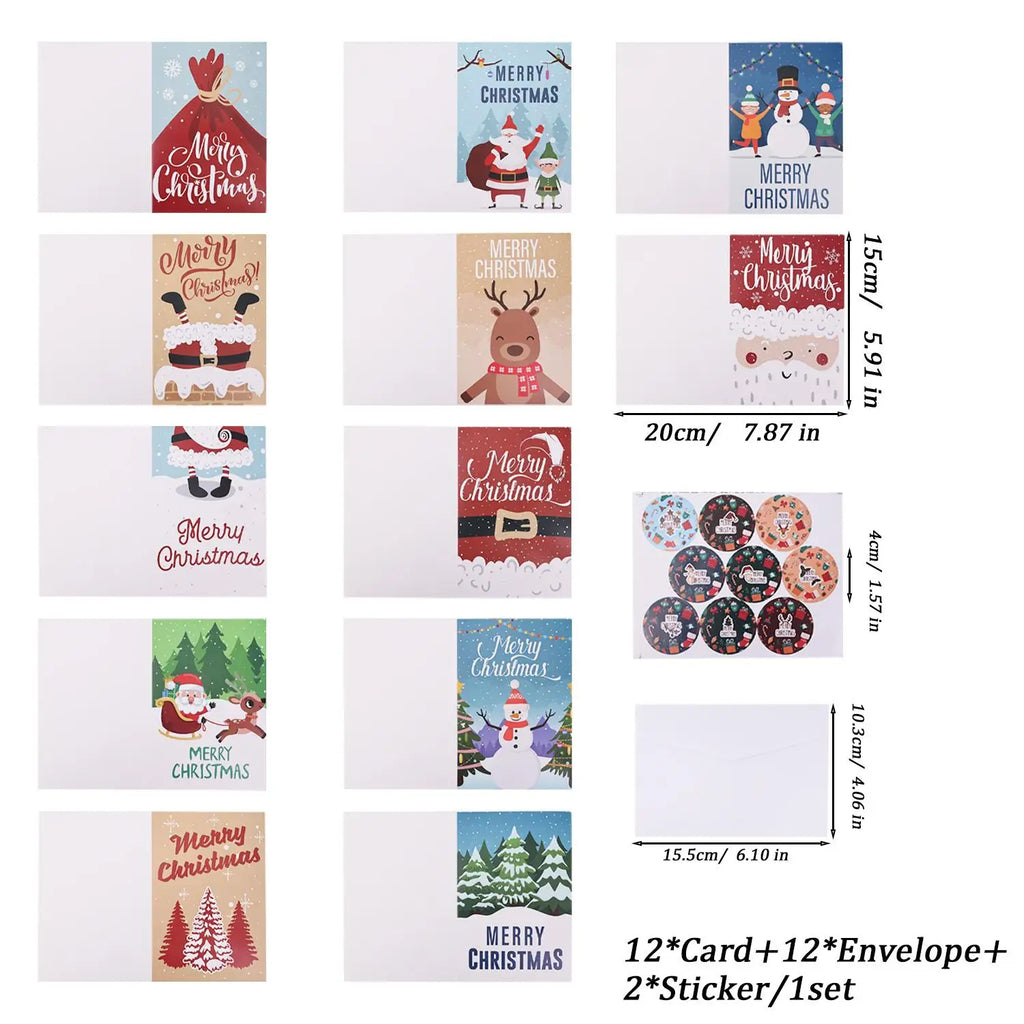 12pcs/set Merry Christmas Fold Greeting Cards with Envelopes Xmas Party DIY Gift Card New Year Decorations Gift Message Cards Quake 1Set