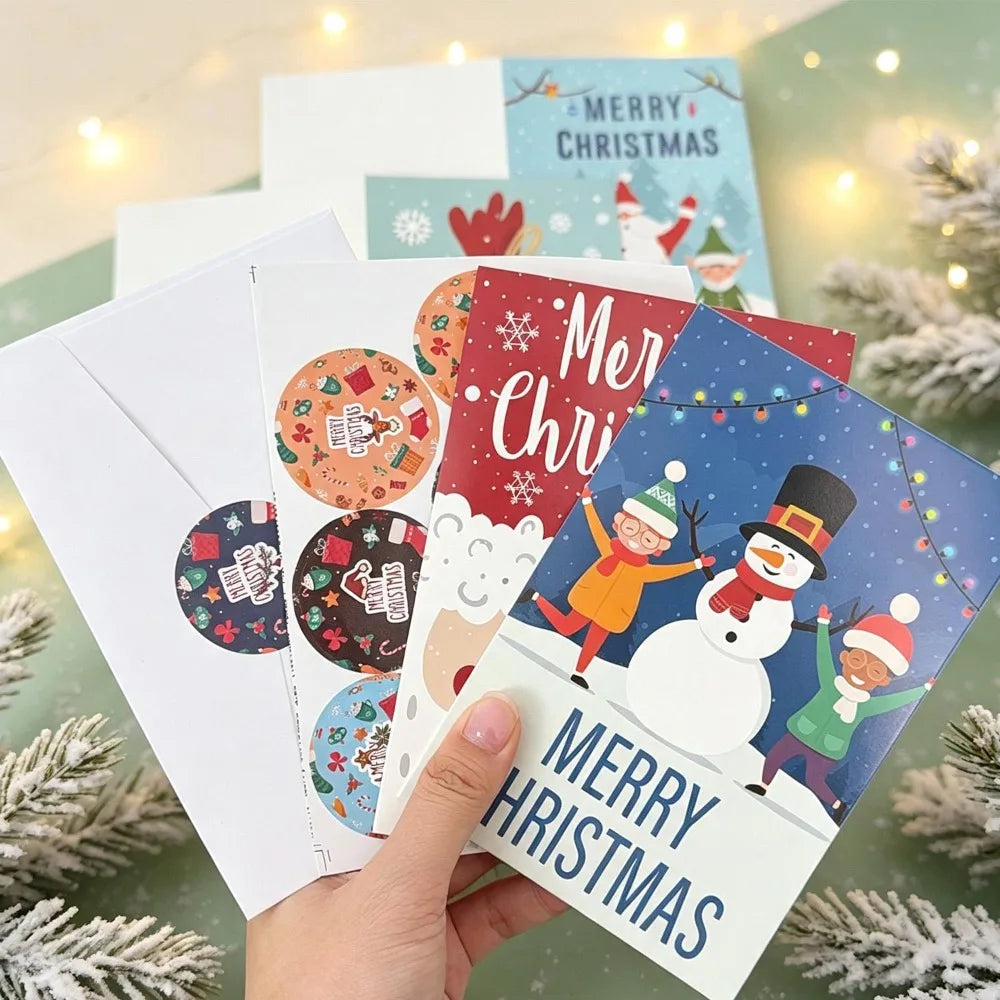 12pcs/set Merry Christmas Fold Greeting Cards with Envelopes Xmas Party DIY Gift Card New Year Decorations Gift Message Cards Quake