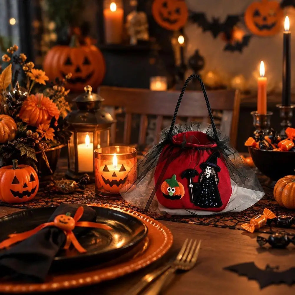 Halloween Princess Candy Bag Witch Pumpkin Embroidered Mesh Tote Drawstring Treat Holder Party Costume Accessory Quake