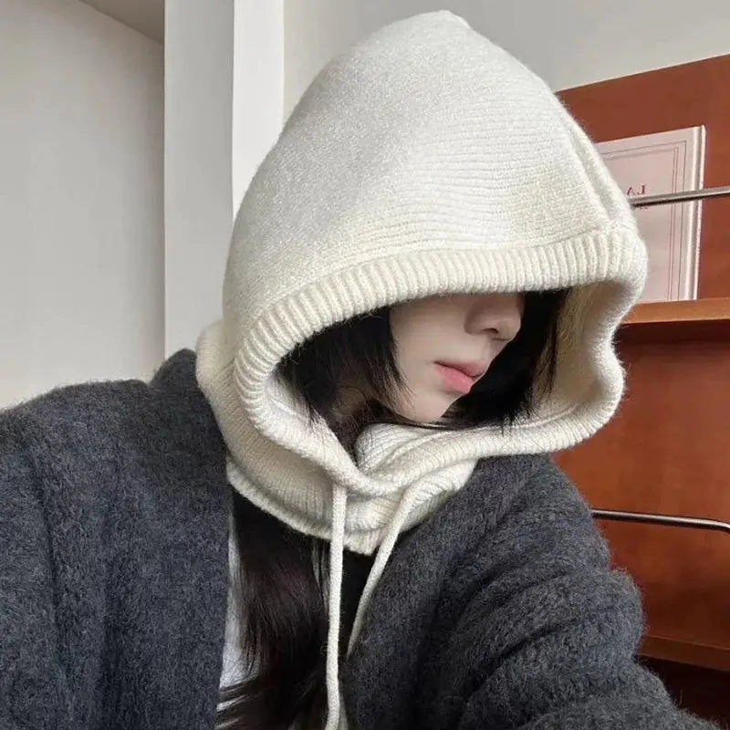 Winter Knitted Hooded Scarf Hat Warm Balaclava Hats Outdoor Ear Protection Beanies Solid Color Warm Drawstring Mask Scarf Cover Quake