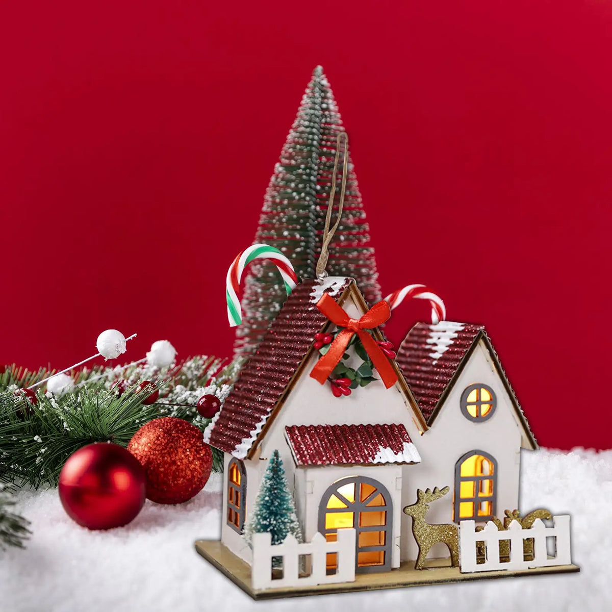 Mini Christmas Village House Wood LED Lighted Kids Toy Christmas Decorations for Bedroom Table Xmas Party Decor Home Decoration Quake StyleB
