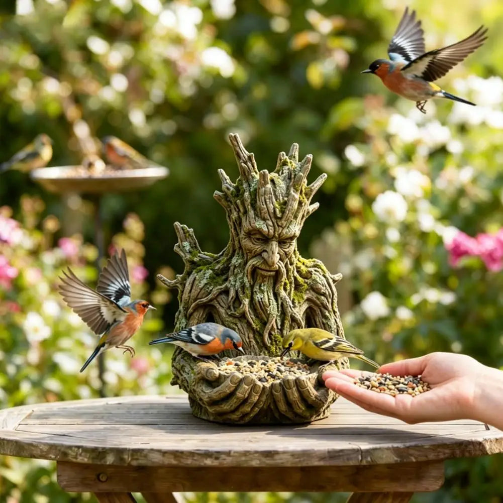 Tree Face Bird Feeder Outdoor Garden Resin Bird Seed Bowl Wild Bird Feeder Decorative Tree Spirit Yard Ornament Quake