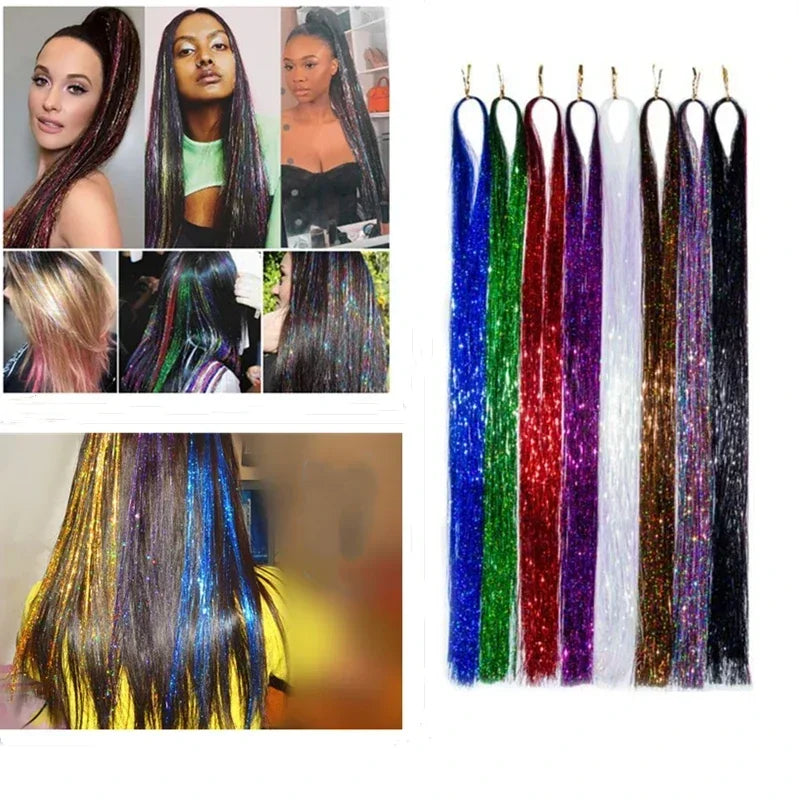 93cm/100cm Holographic Hair Extensions Accessories Glitter Hair Tinsel Sparkle Shiny 120 Strands Bling Twinkle Hair Extensions Quake