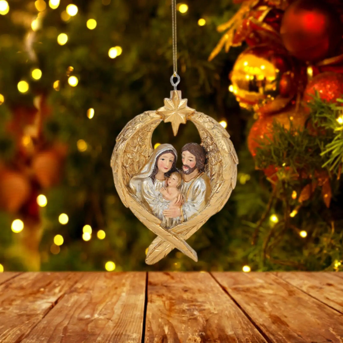 Xmas Hanging Decoration for Holiday Party Decor Accessories Holy Family with Angel Wing Figurine Birth of Jesus Resin Statue Quake Golden