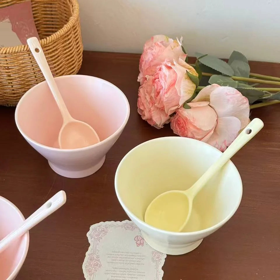 1 Set Ceramic Solid Color Hat Bowl with Spoon Multipurpose Tableware for Hot Pot Picnic Camping Dishwasher Microwave Oven Safe Quake