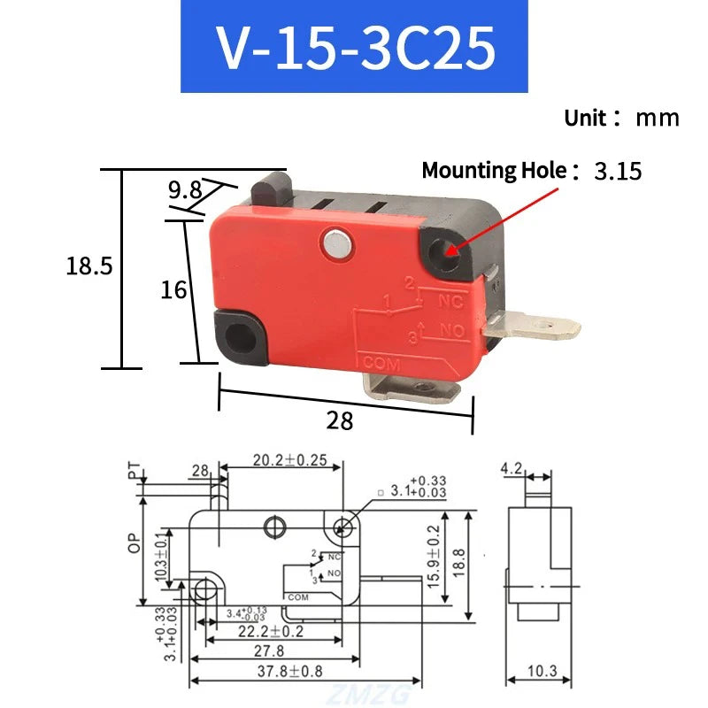 Small Travel Limit Switch V-152/156-1C25 Self-resetting 3-pin Miniature Push Button Tactile Microswitch Quake V-15-3C25 1PCS