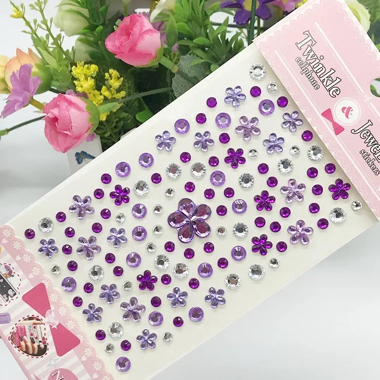 Rhinestone Crystal Face Stickers Diamond Face Makeup DIY Decoration Disposable Acrylic Tattoo Stickers Drill Phone Eyes Sticker Quake Flower-purple