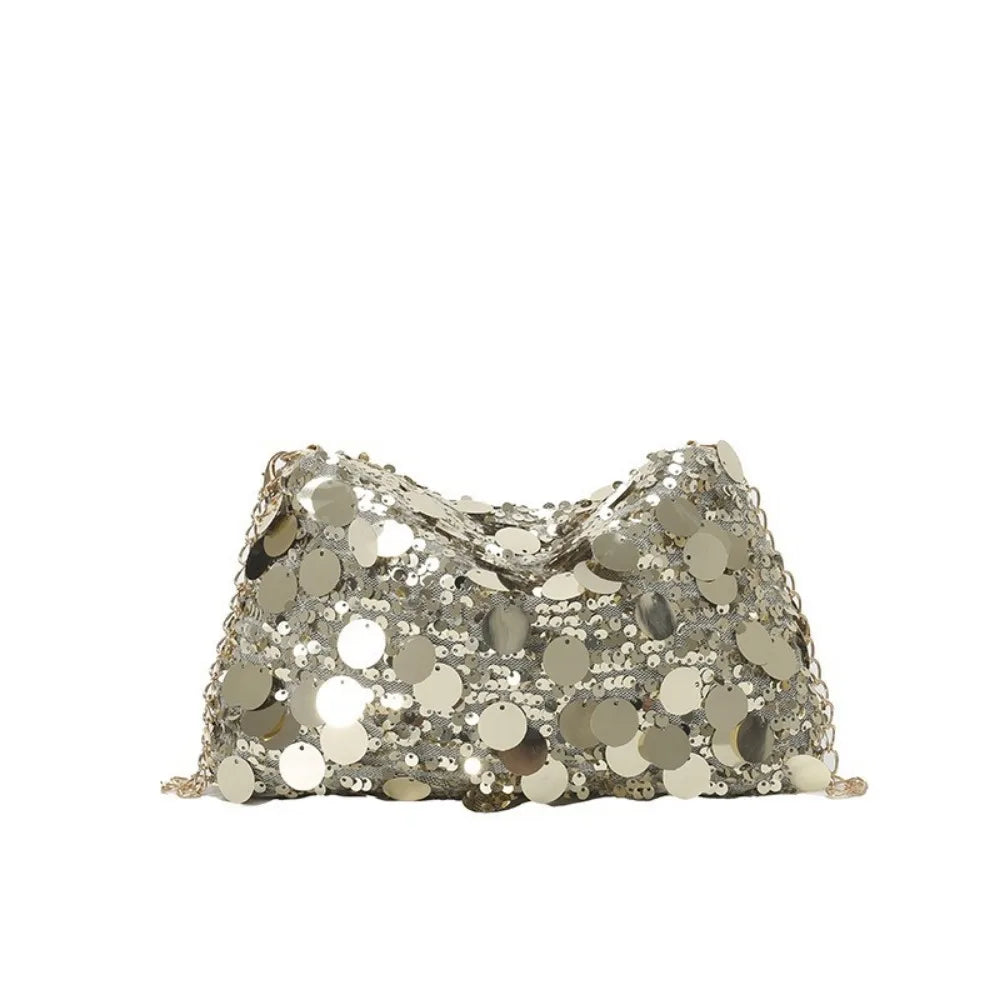 Casual Sequin Shoulder Bag Lightweight Large Capacity Chain Crossbody Bag Solid Color Female Handbag For Evening Party Quake Gold