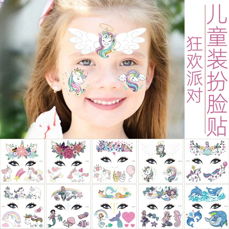 Children‘s Party Face Makeup Decoration Tattoo Sticker Unicorn Mermaid Animal Fun Temporary Tattoo Sticker Water Transfer 1pc Quake